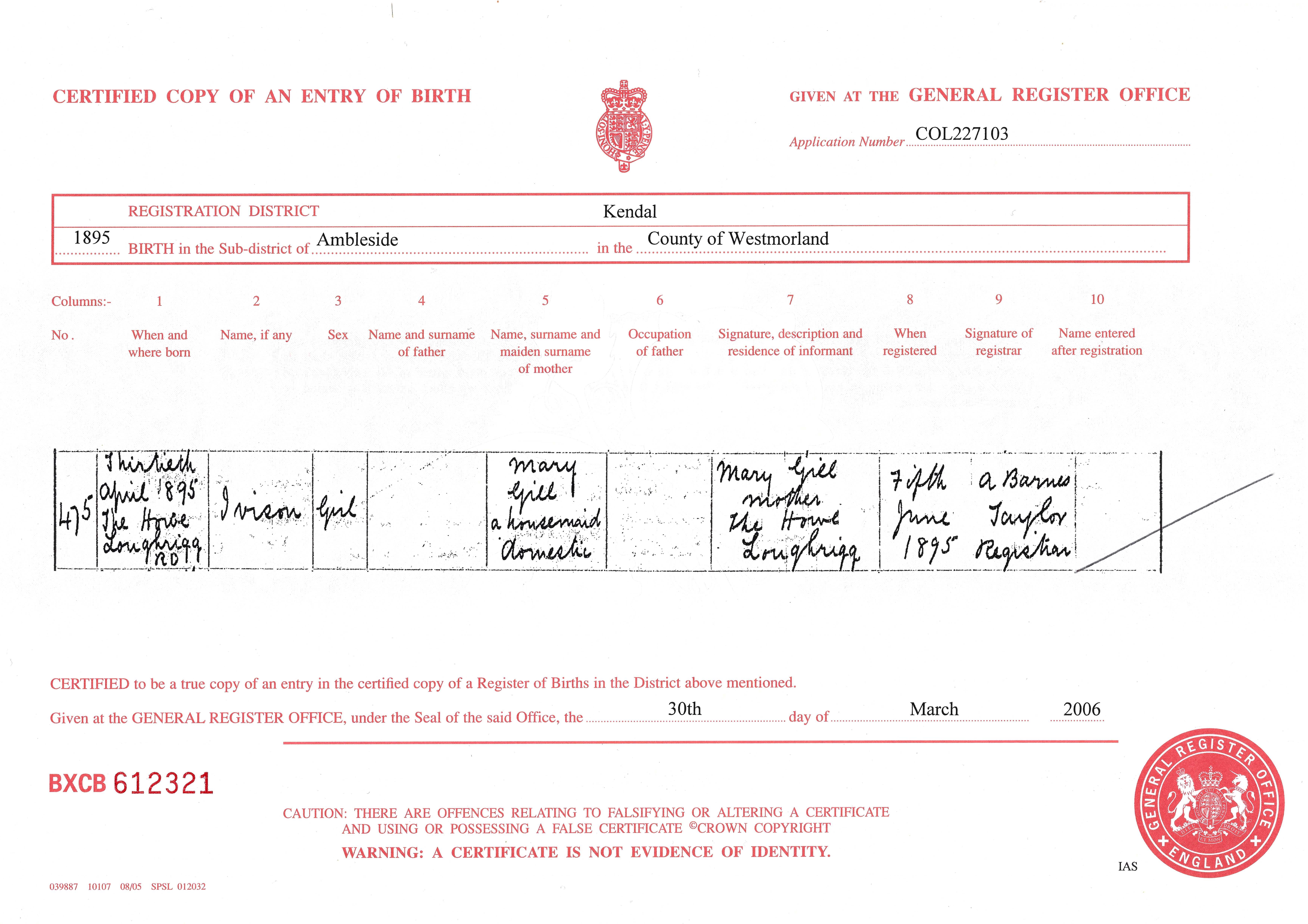 Copy of Ivison's Birth Certificate
