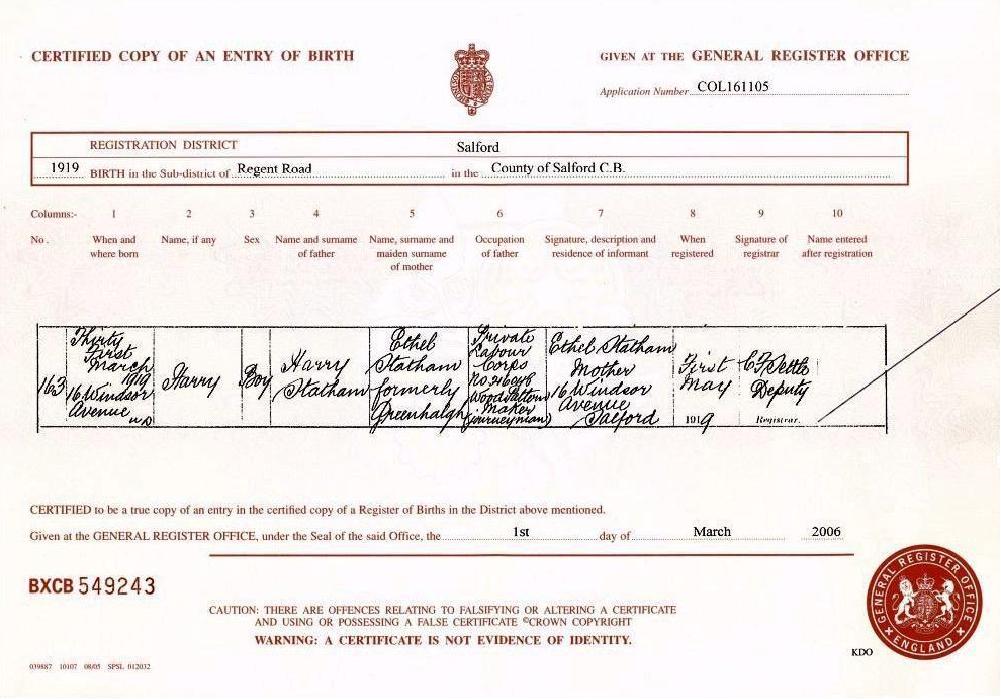 Copy of Harry's Birth Certificate
