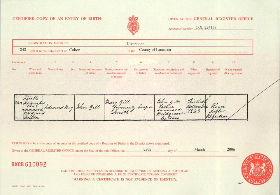 Copy of Edward's Birth Certificate