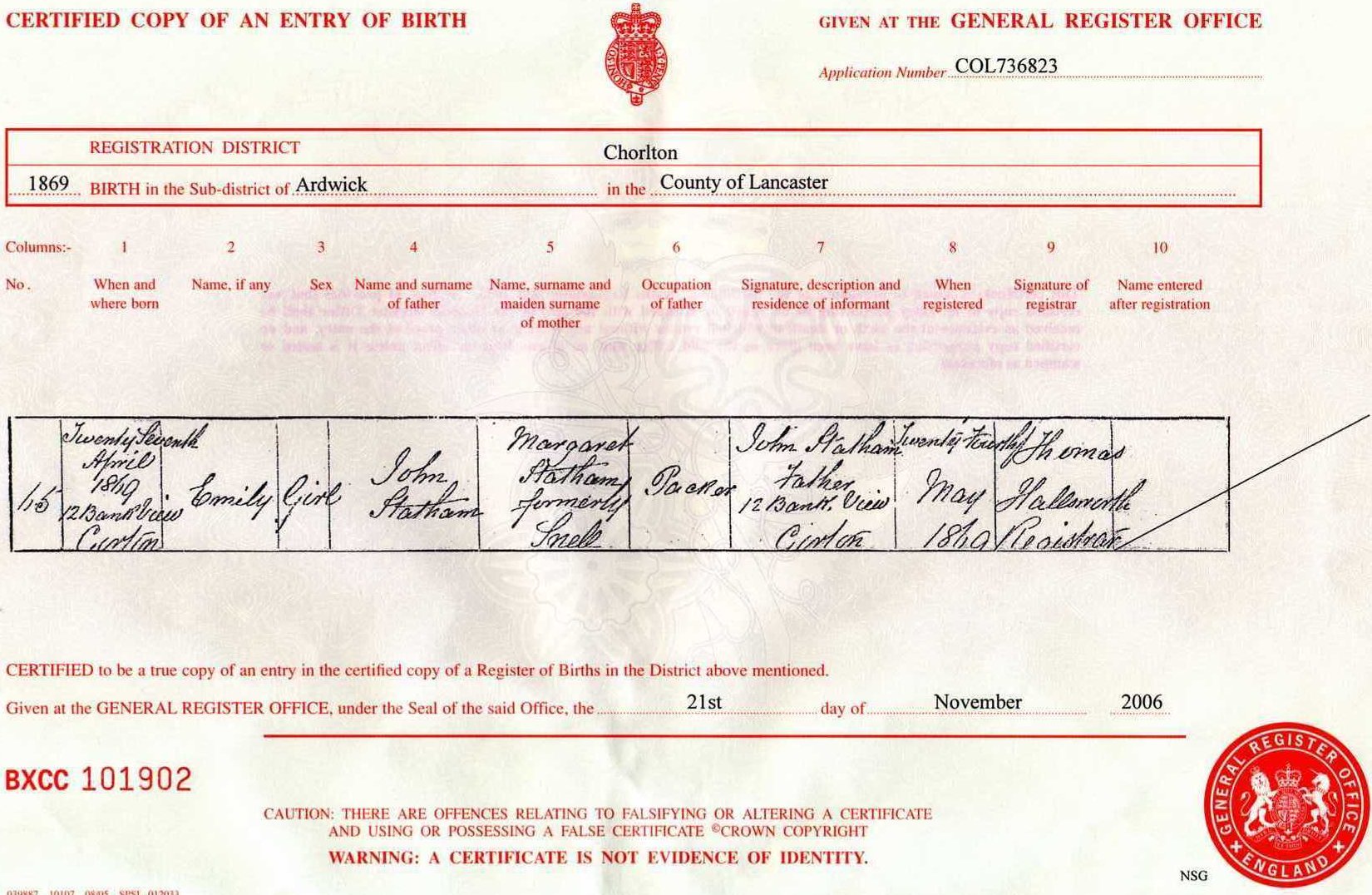 Copy of Emily's Birth Certificate