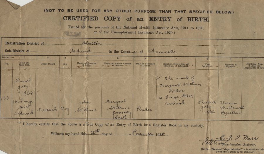 Copy of Frederick's Birth Certificate