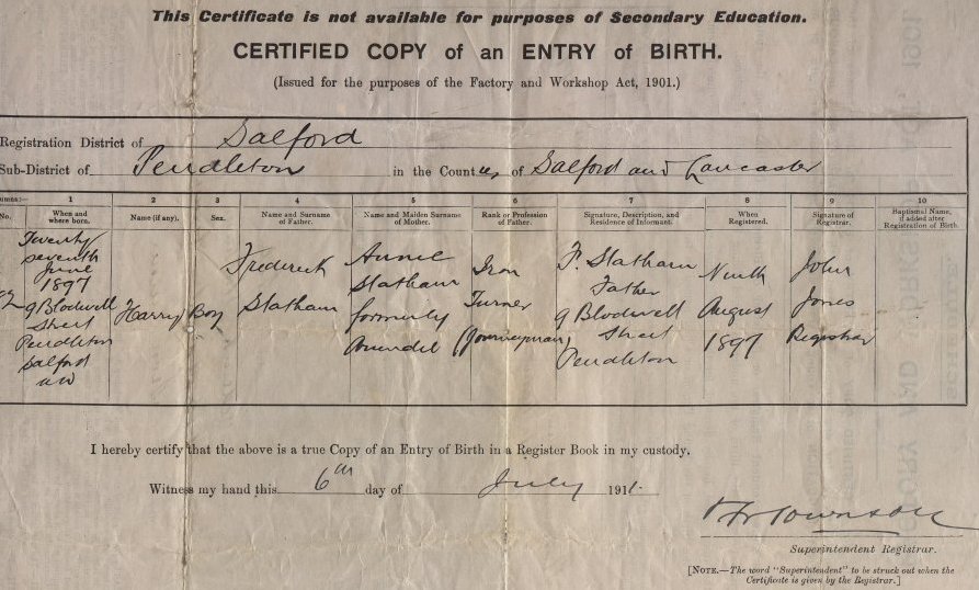 Copy of Hary Statham (Snr) Birth Certificate