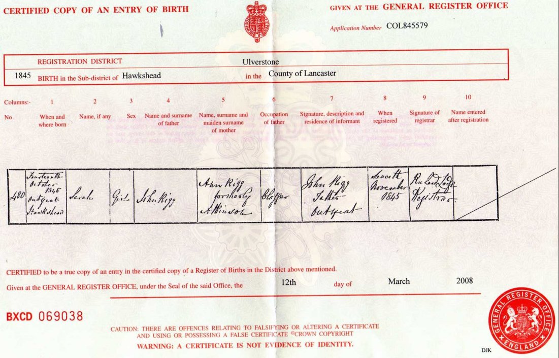 Copy of Sarah's Birth Certificate