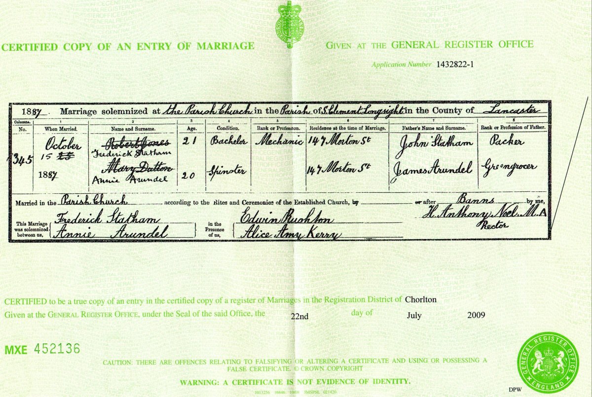 Marriage Certificate of Frederick Statham and Annie Arundel