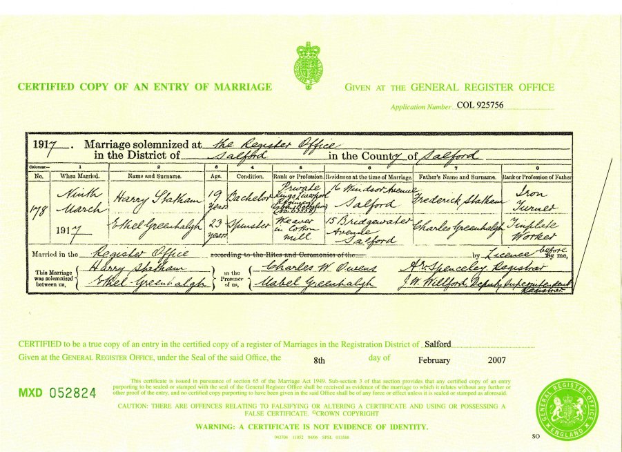 Marriage Certificate of Harry Statham (Snr) and Ethel Greenhalgh