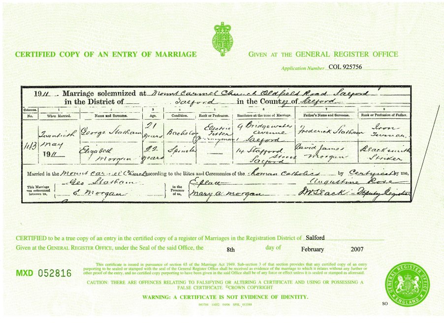 Copy of George & Elizabeth's Marriage Certificate